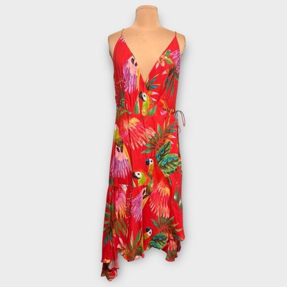 Farm Rio Red Macaw Wrap Dress L Tropical Midi Sleeveless V Neck EUC Resortwear - Picture 6 of 6